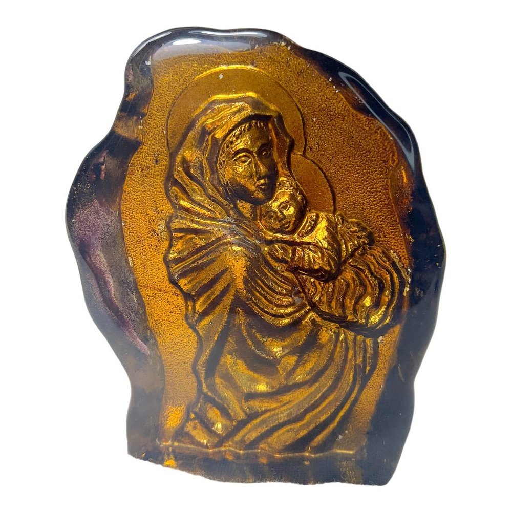 St. Joseph With Baby Jesus Etched 3D Bronze Look Glass Paperweight - Picture 6 of 10
